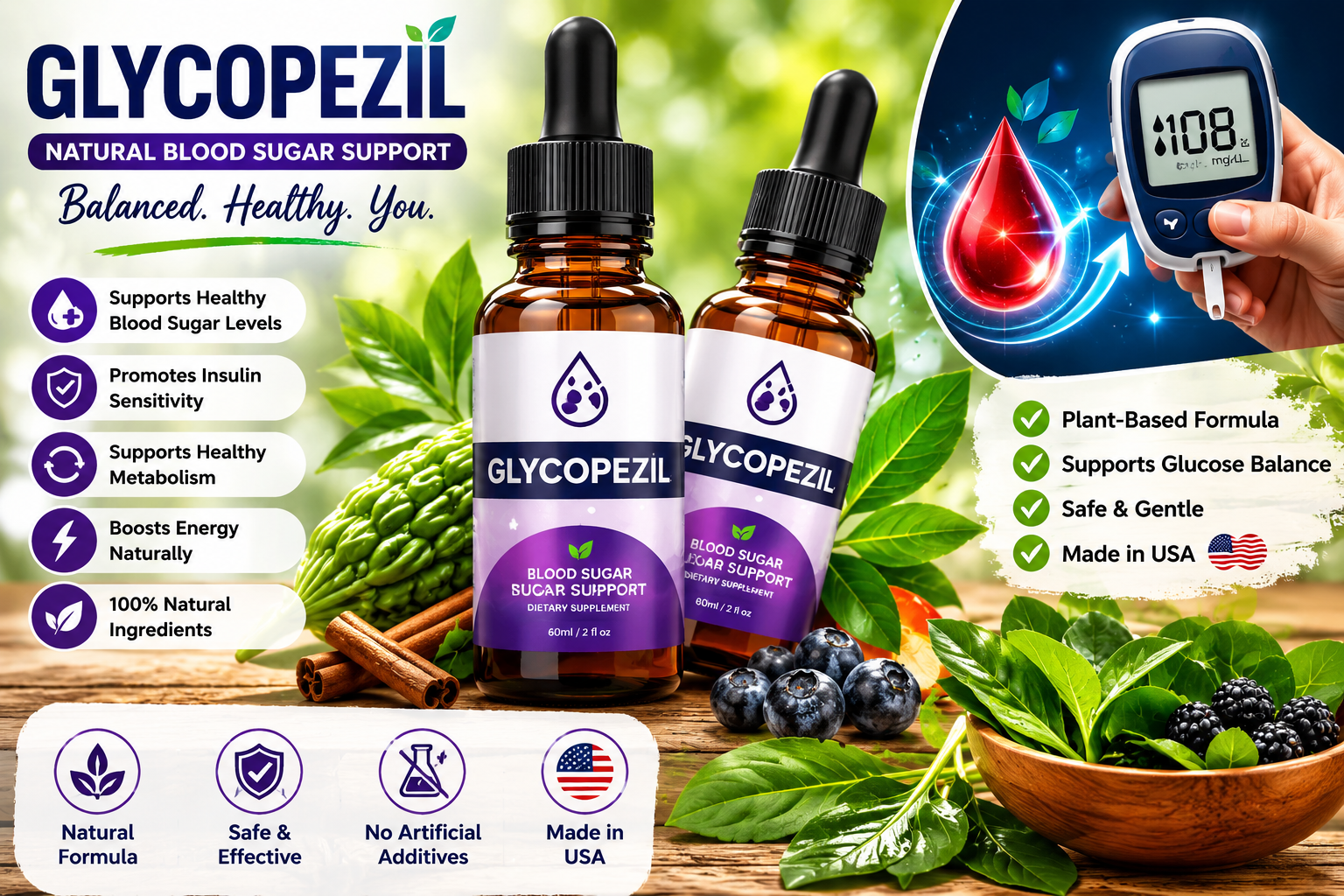 Glycopezil natural blood sugar support supplement bottles with herbs and berries