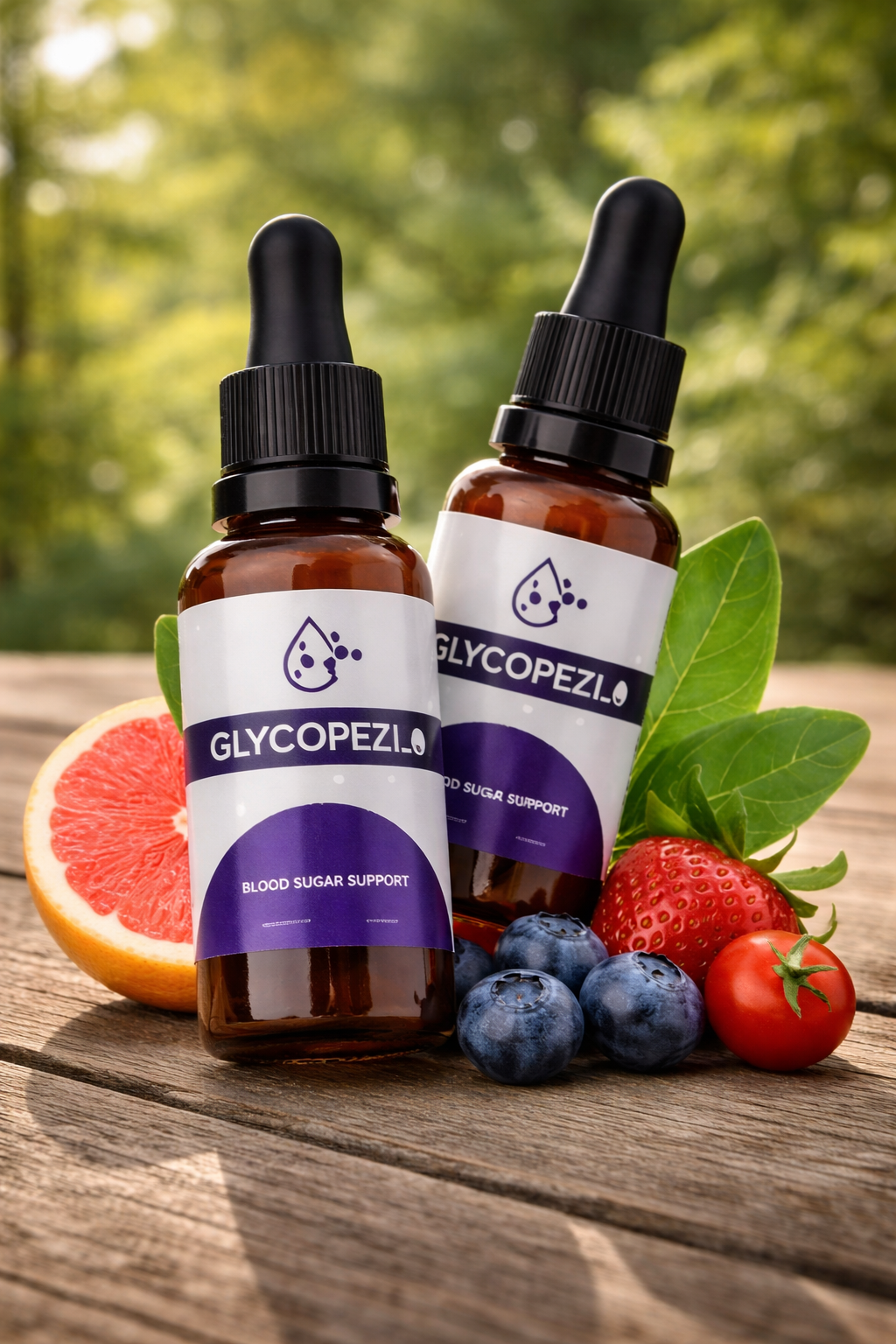 Glycopezil bottles with grapefruit, blueberries and natural ingredients